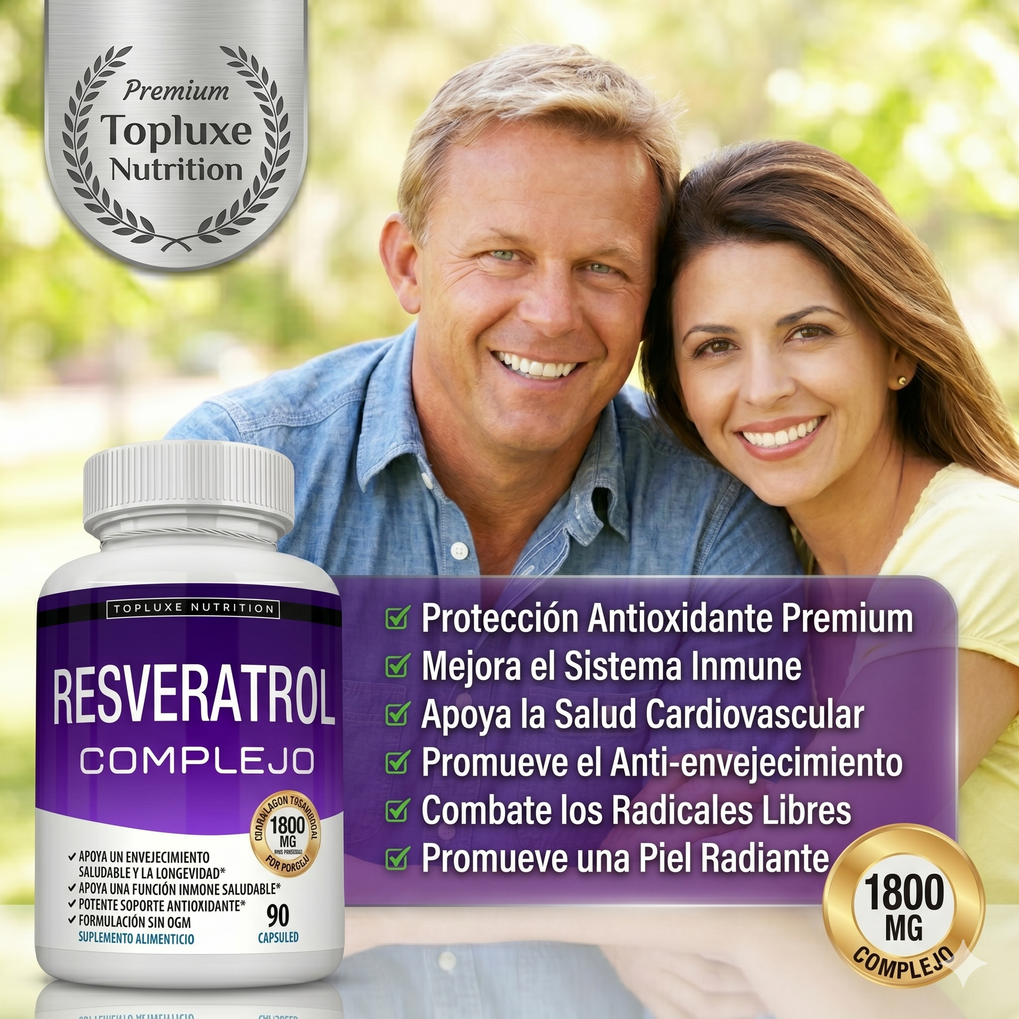 Topluxe Suplemento de Resveratrol 1800mg Trans-Resveratrol para Soporte Antioxidante y Antienvejecimiento, 90 Cápsulas