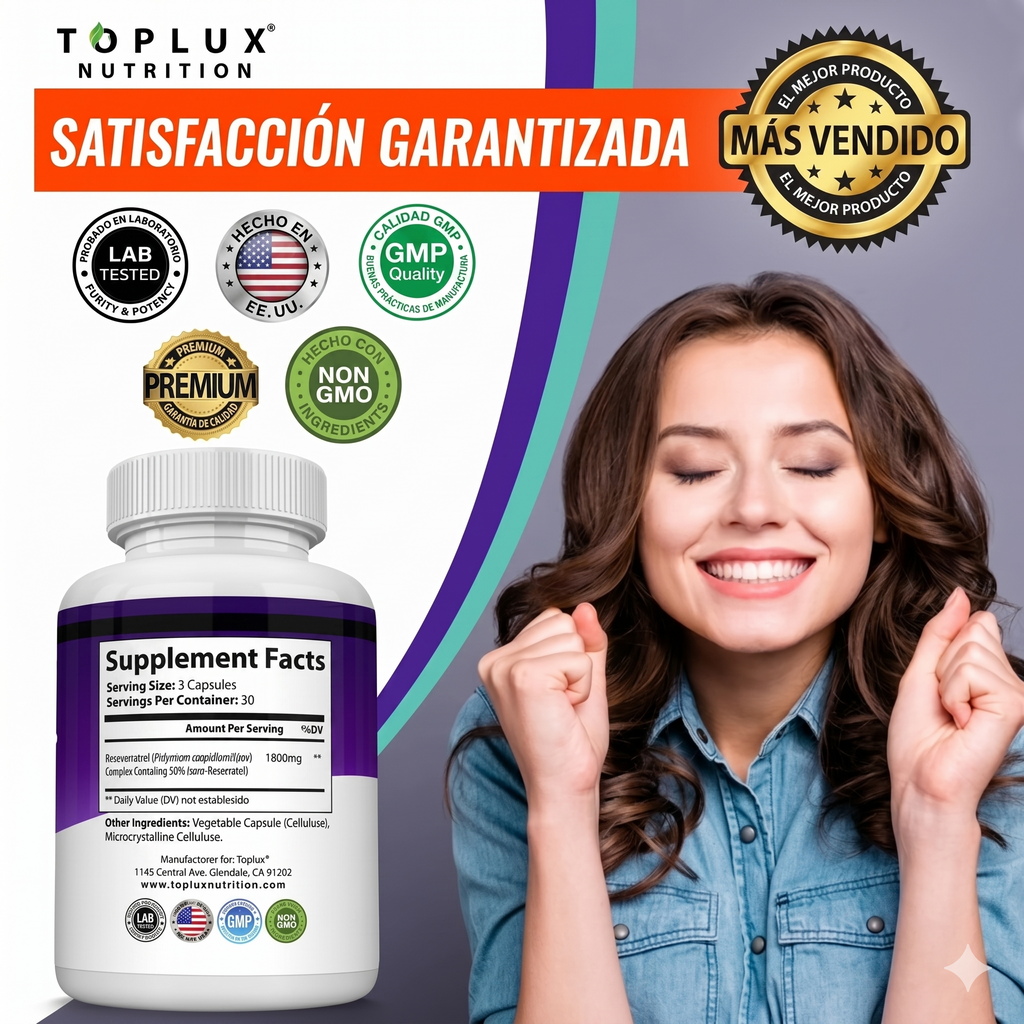 Topluxe Suplemento de Resveratrol 1800mg Trans-Resveratrol para Soporte Antioxidante y Antienvejecimiento, 90 Cápsulas