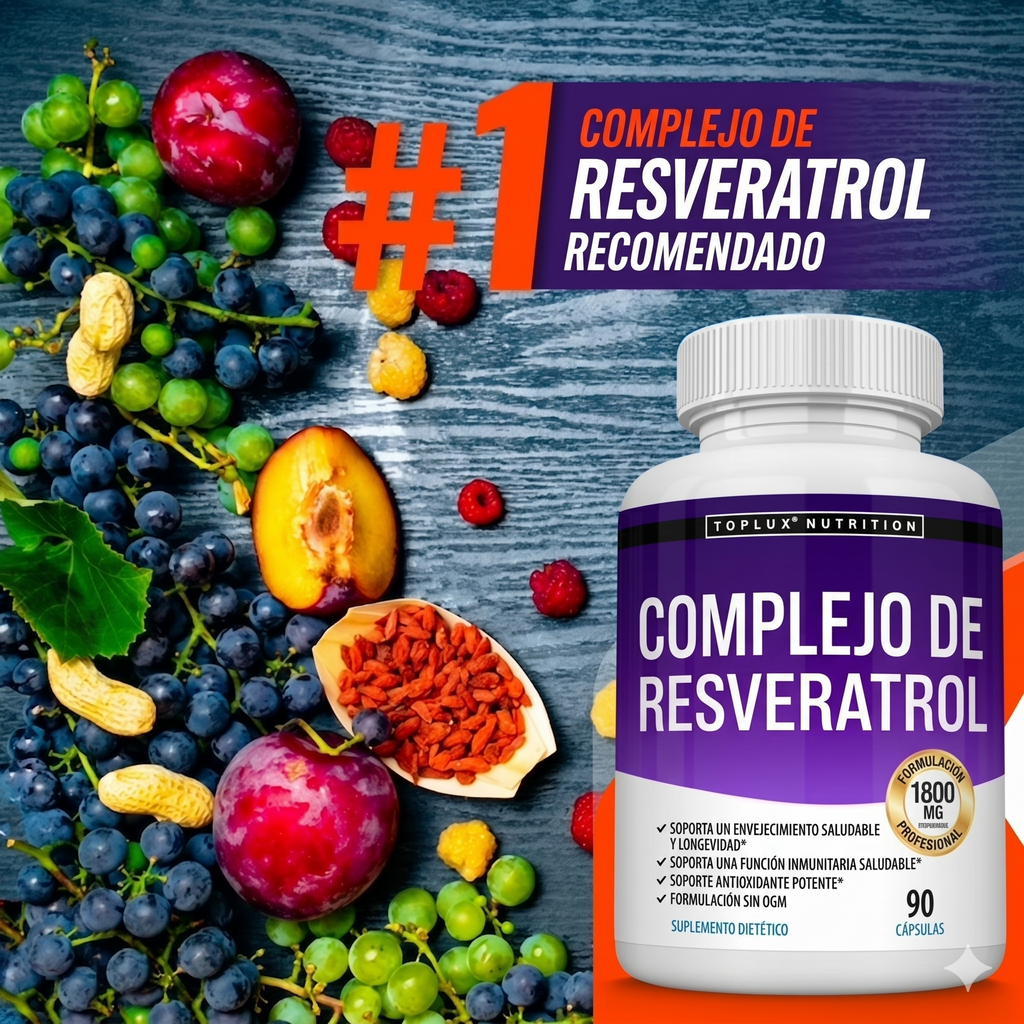 Topluxe Suplemento de Resveratrol 1800mg Trans-Resveratrol para Soporte Antioxidante y Antienvejecimiento, 90 Cápsulas