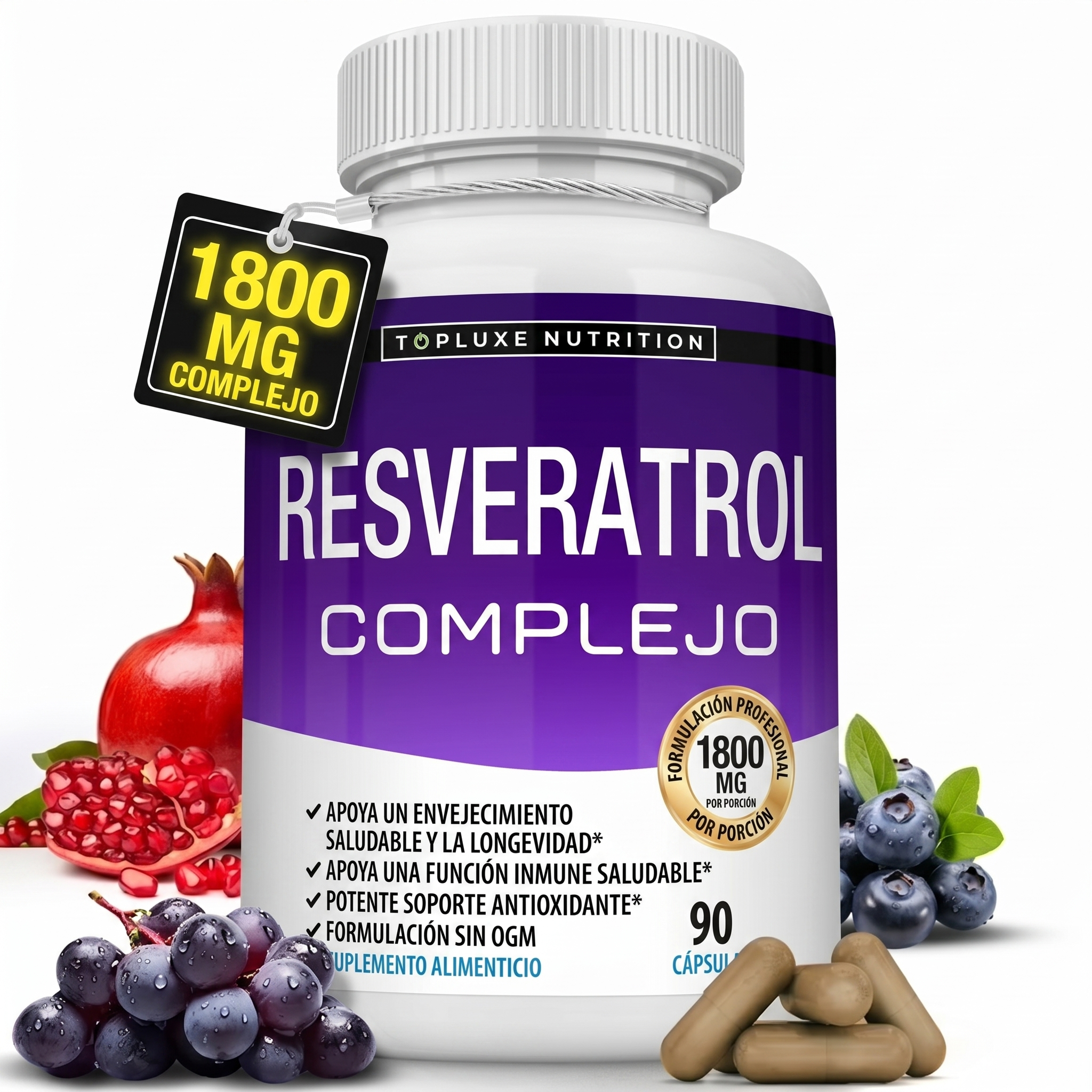 Topluxe Suplemento de Resveratrol 1800mg Trans-Resveratrol para Soporte Antioxidante y Antienvejecimiento, 90 Cápsulas